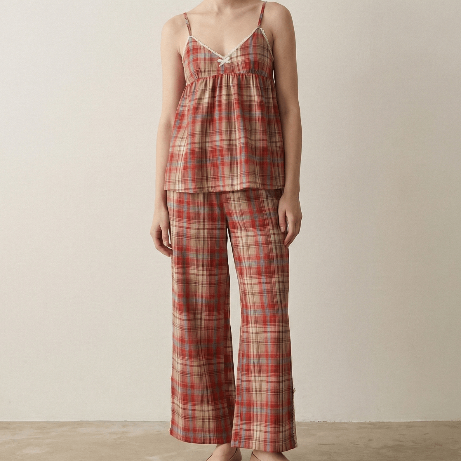 - Ever Lasting - Sweet Lace Red Plaid Ribbon Pajama Set / V Neck - Pajamas - Ever Lasting