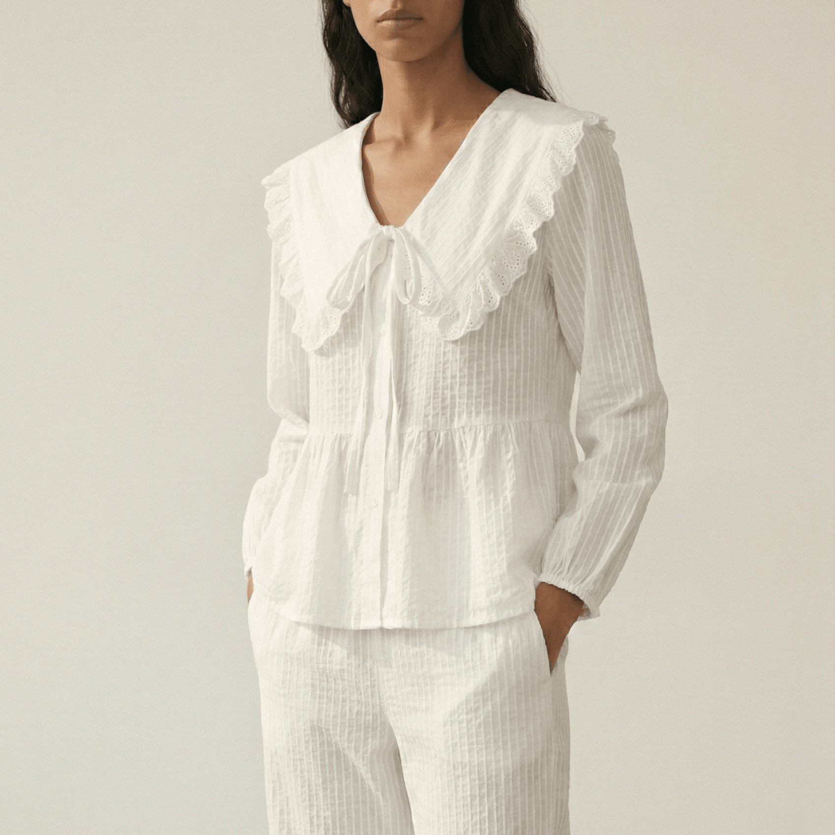 - Ever Lasting - Talia Jacquard Lace Strap Pajama Set / White - Pajamas - Ever Lasting