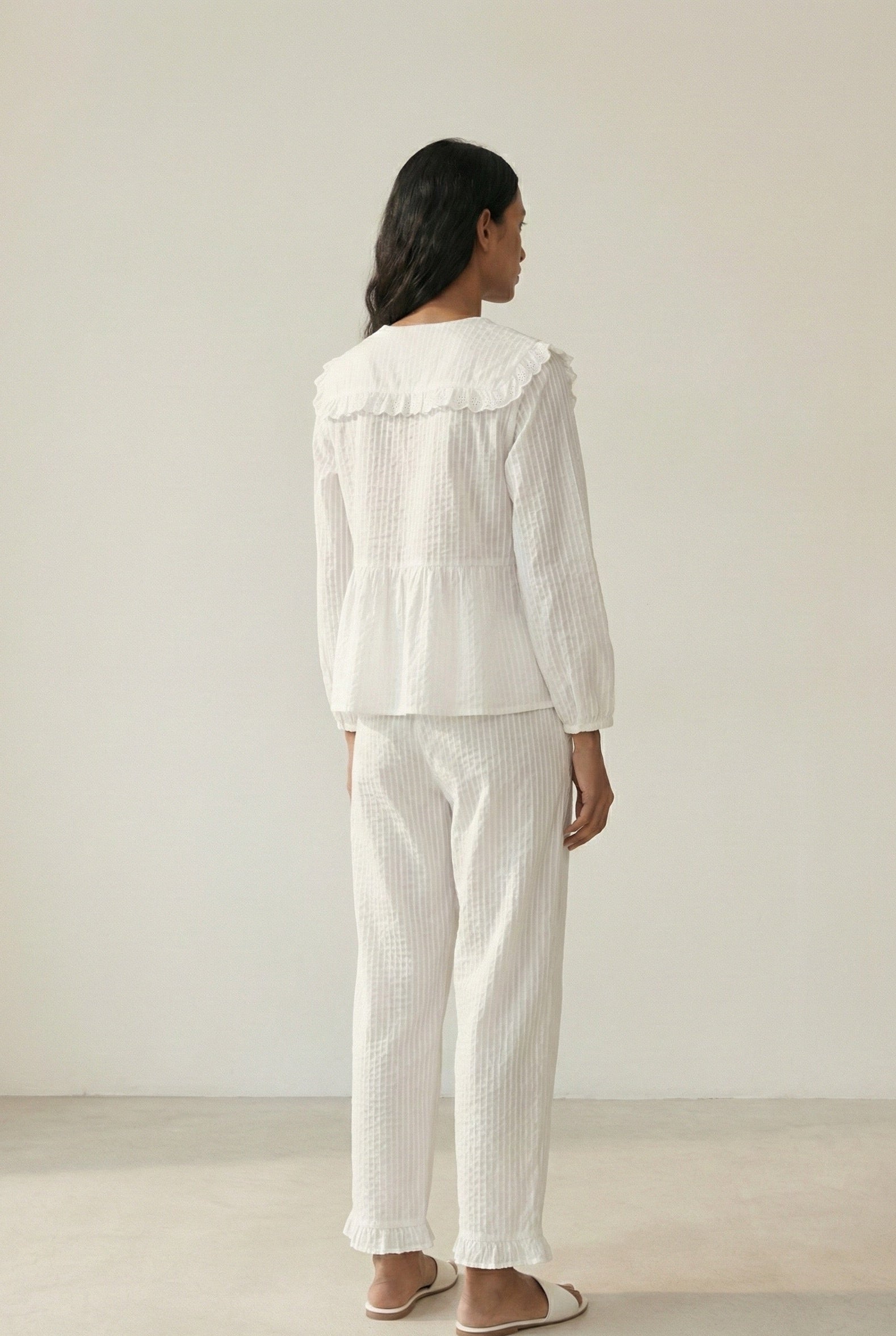 - Ever Lasting - Talia Jacquard Lace Strap Pajama Set / White - Pajamas - Ever Lasting