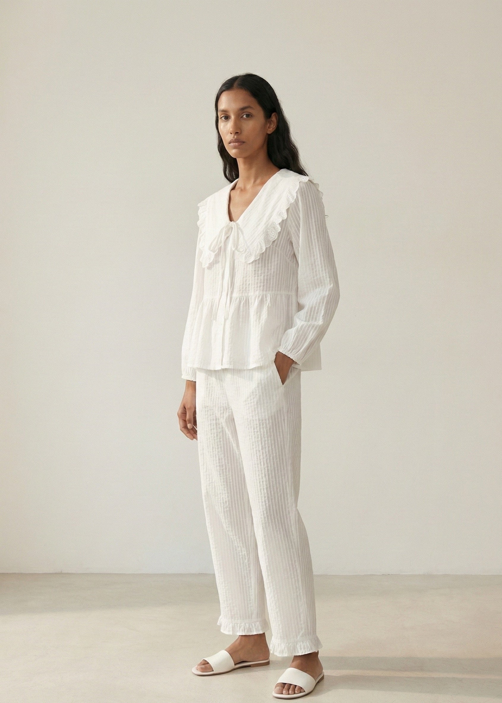 - Ever Lasting - Talia Jacquard Lace Strap Pajama Set / White - Pajamas - Ever Lasting