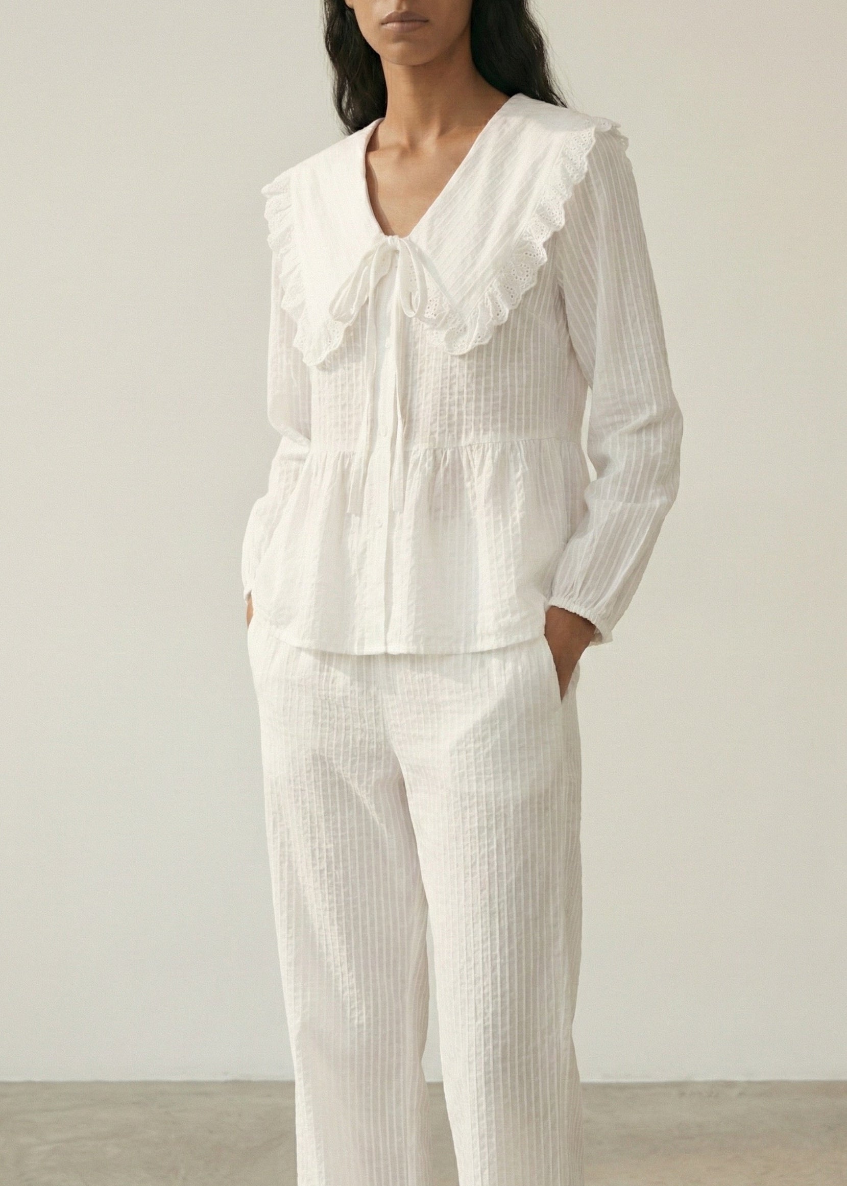 - Ever Lasting - Talia Jacquard Lace Strap Pajama Set / White - Pajamas - Ever Lasting