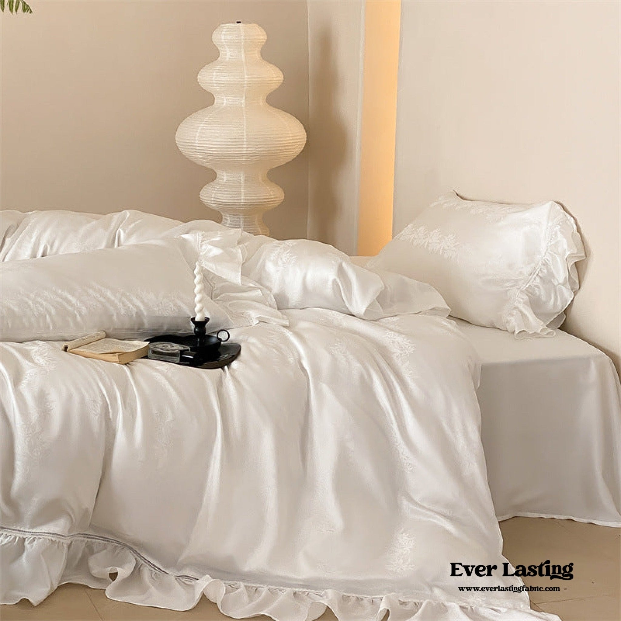 Tencel Silky Floral Ruffle Bedding Set / Snow White - Ever Lasting