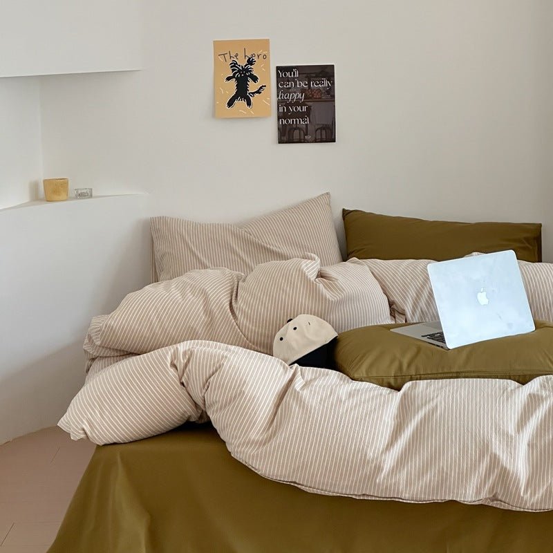 - Ever Lasting - Thin Striped Bedding Set / Beige & Olive Green - Bedding Set - Ever Lasting