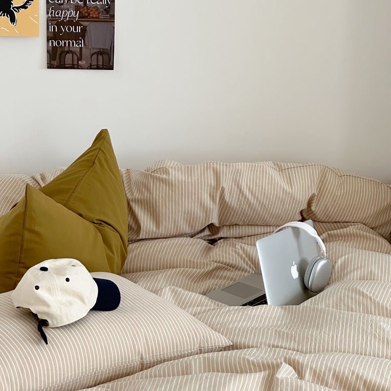 - Ever Lasting - Thin Striped Bedding Set / Beige & Olive Green - Bedding Set - Ever Lasting