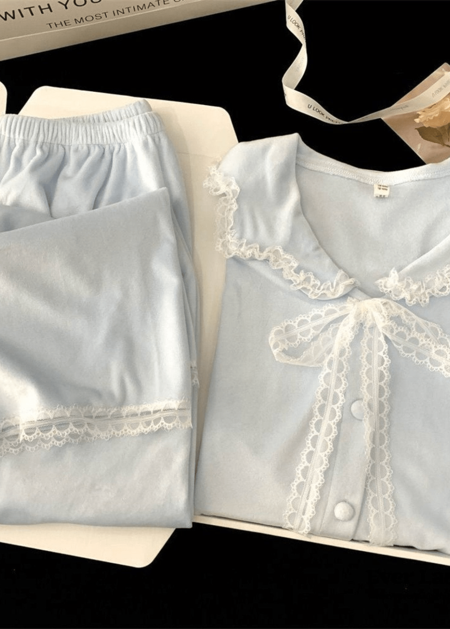 - Ever Lasting - Velvet Coquette Lace Pajama Set / Blue (Final Sale) - Pajamas - Ever Lasting