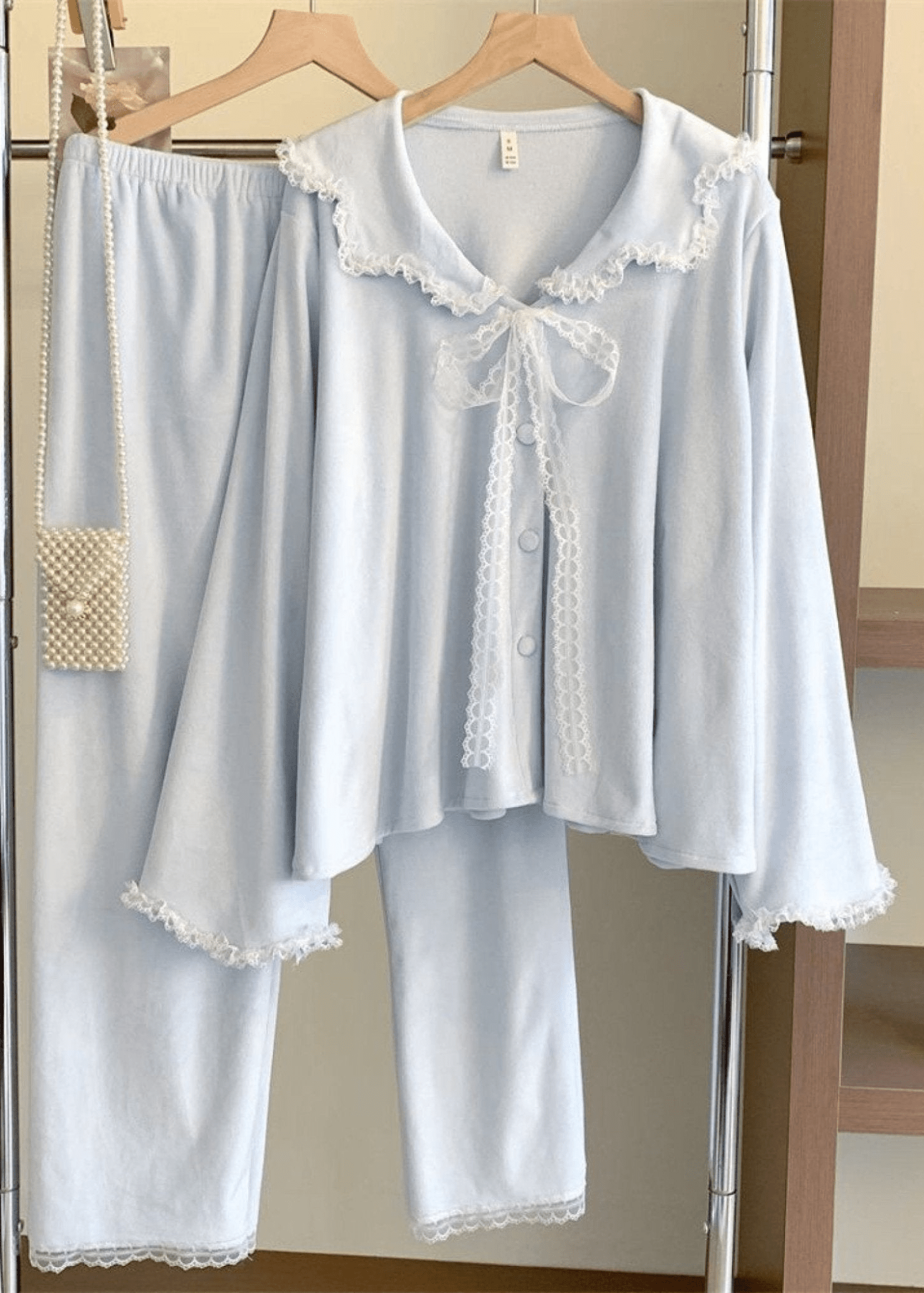 - Ever Lasting - Velvet Coquette Lace Pajama Set / Blue (Final Sale) - Pajamas - Ever Lasting