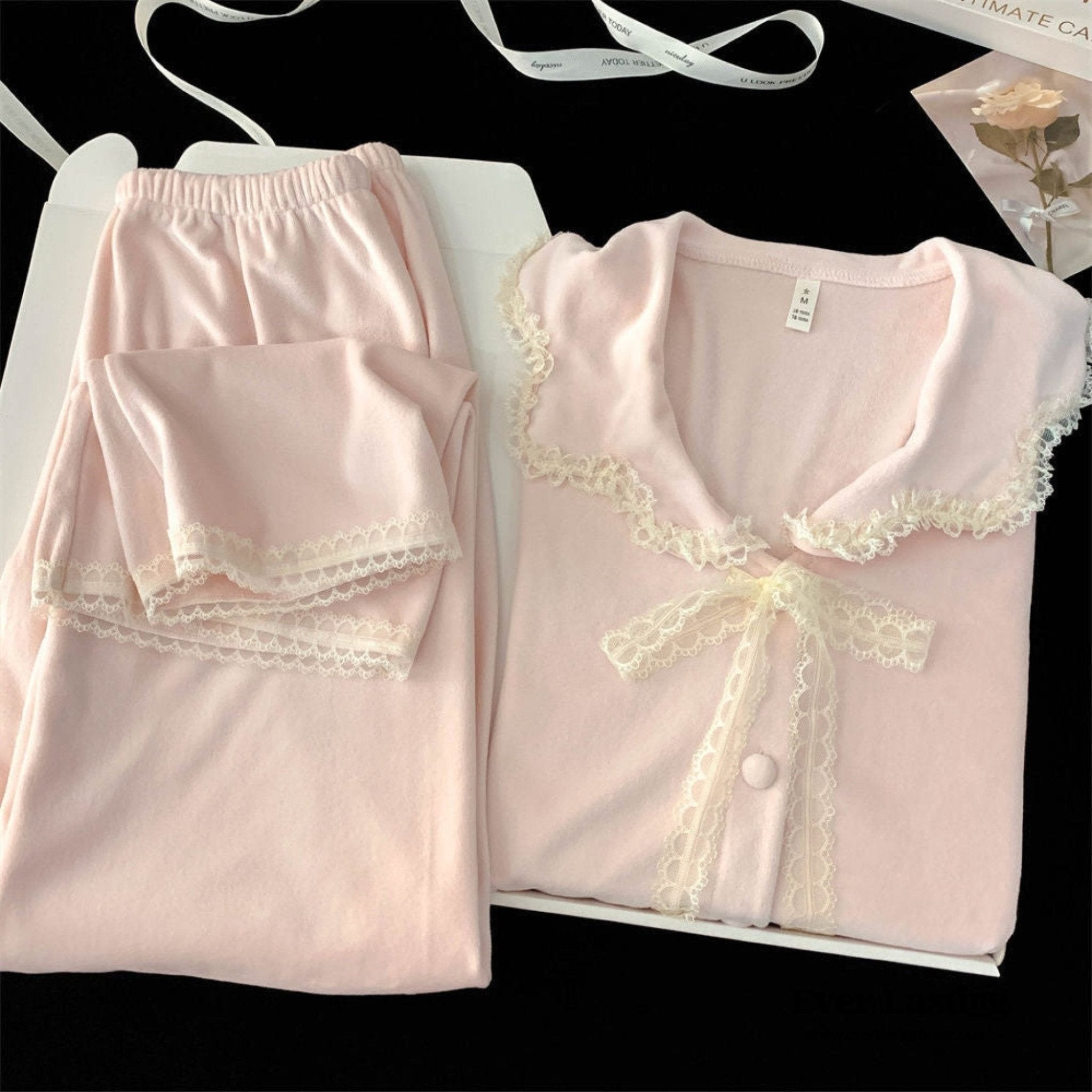 Velvet Coquette Lace Pajama Set / Pink - Ever Lasting