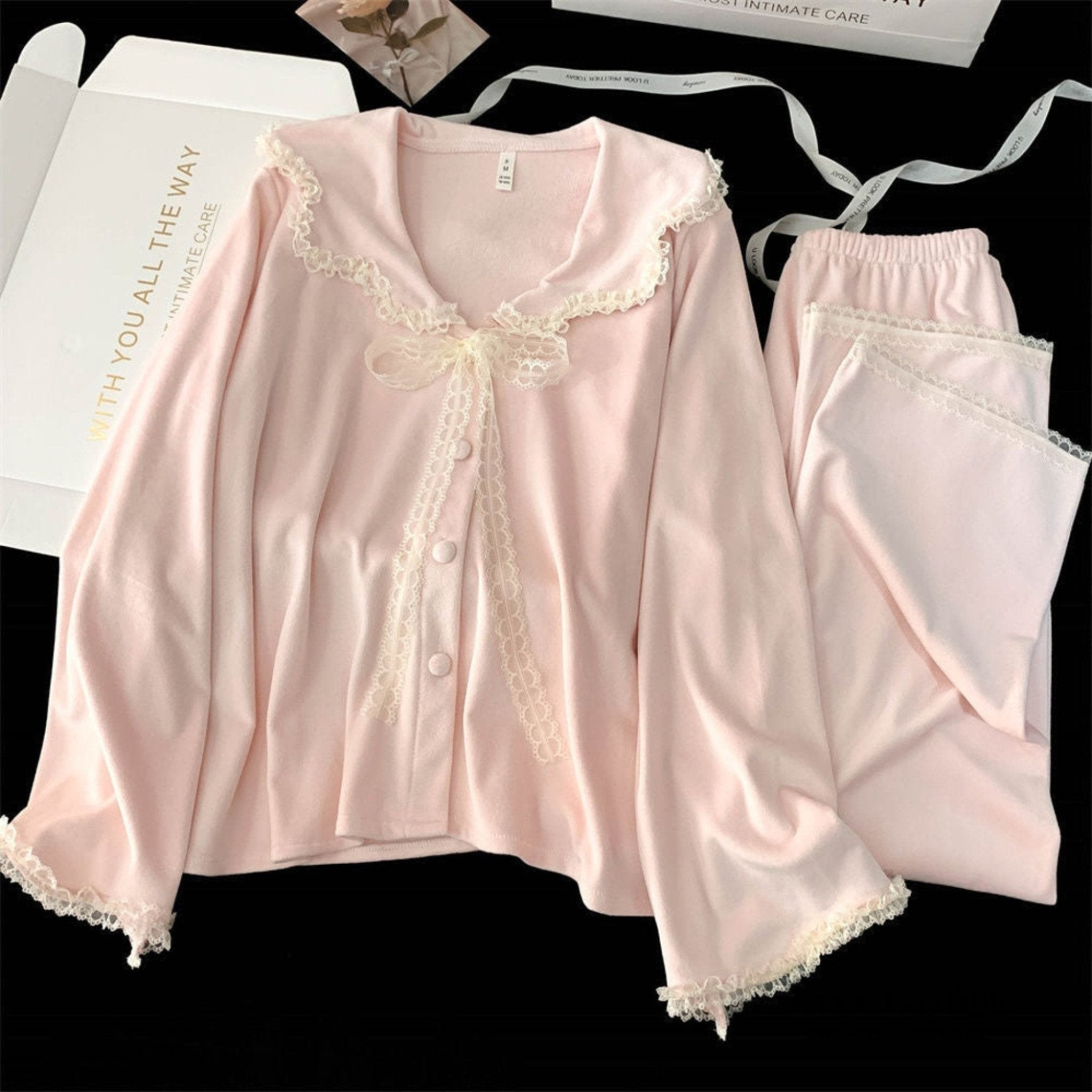 Velvet Coquette Lace Pajama Set / Pink - Ever Lasting