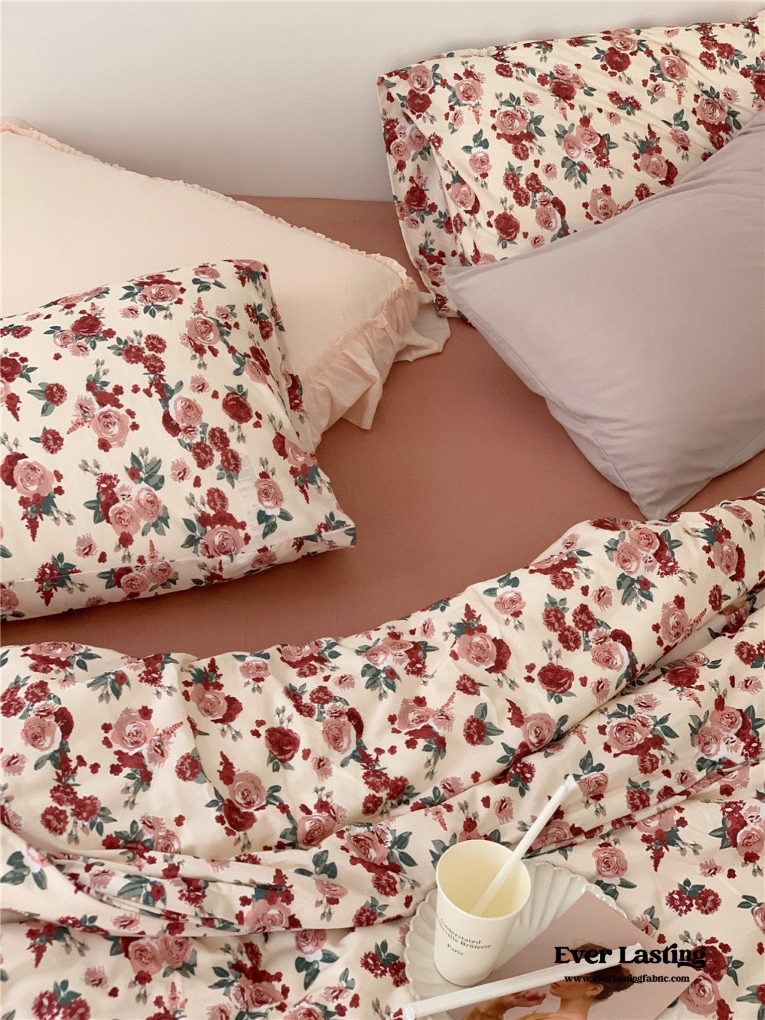 Vintage Floral Jersey Knit Bedding Set / Maroon Red - Ever Lasting