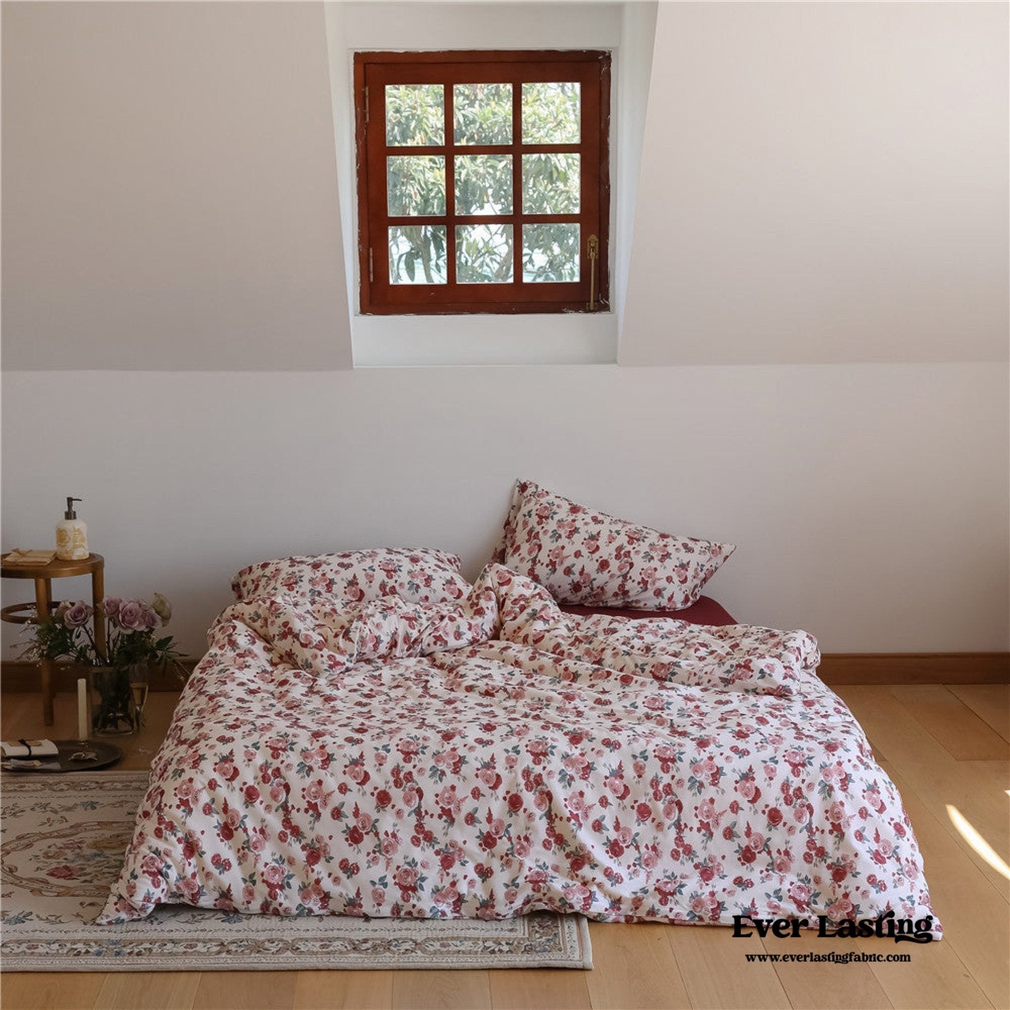 - Ever Lasting - Vintage Floral Jersey Knit Bedding Set / Maroon Red - Bedding Set - Ever Lasting