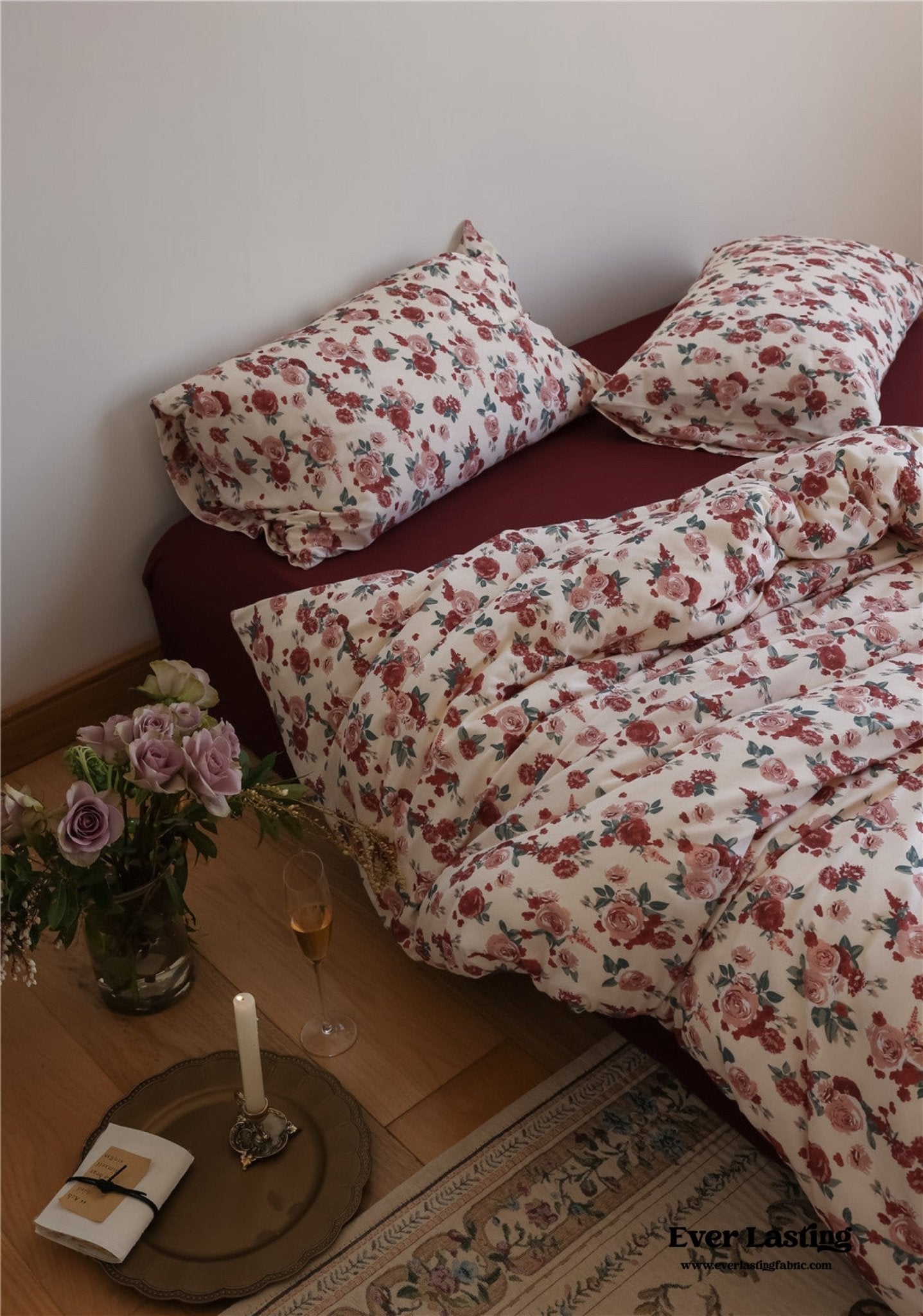 - Ever Lasting - Vintage Floral Jersey Knit Bedding Set / Maroon Red - Bedding Set - Ever Lasting