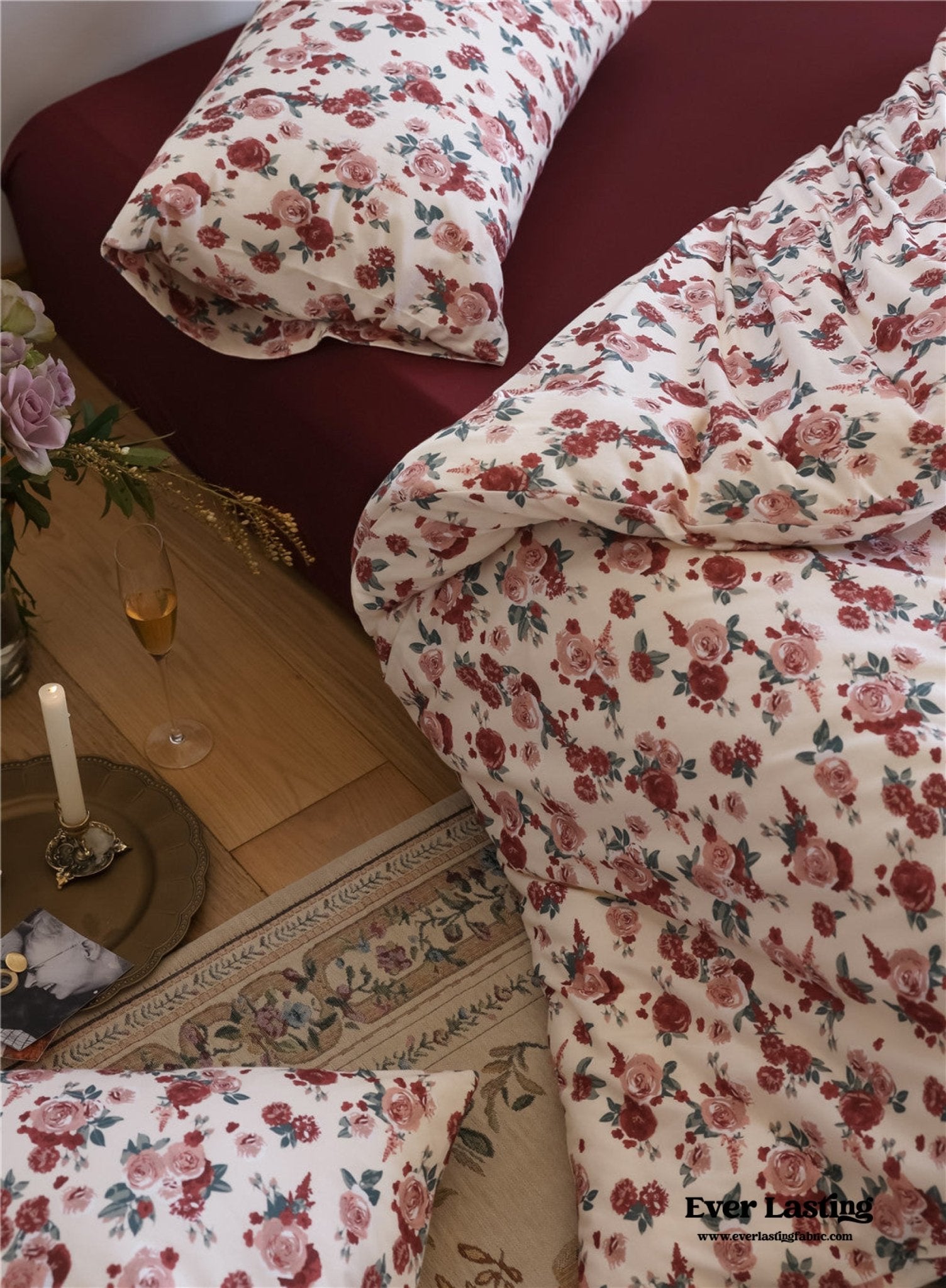 - Ever Lasting - Vintage Floral Jersey Knit Bedding Set / Maroon Red - Bedding Set - Ever Lasting