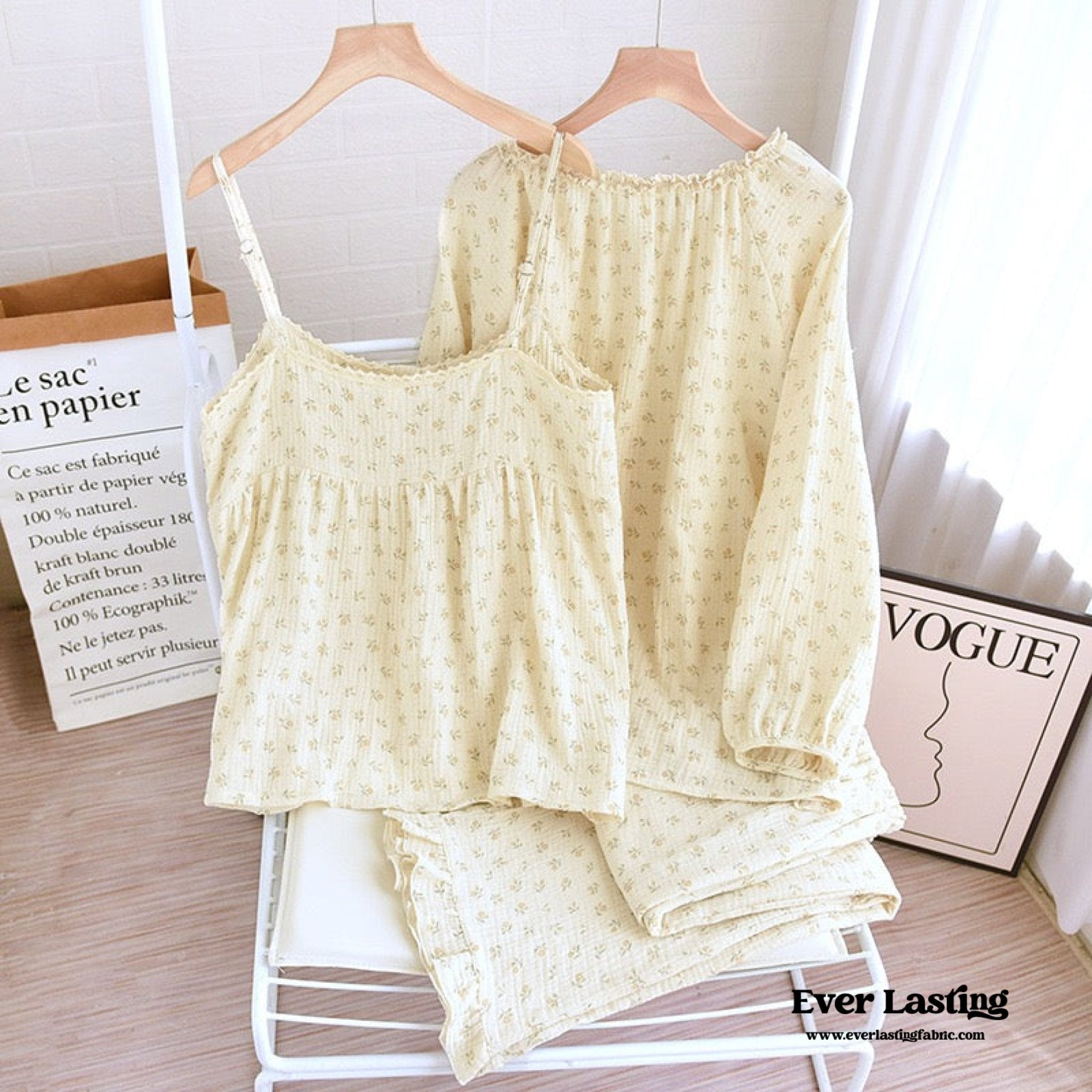 Vintage Floral Tank Cardigan and Long Pants Pajama Set / Yellow - Ever Lasting