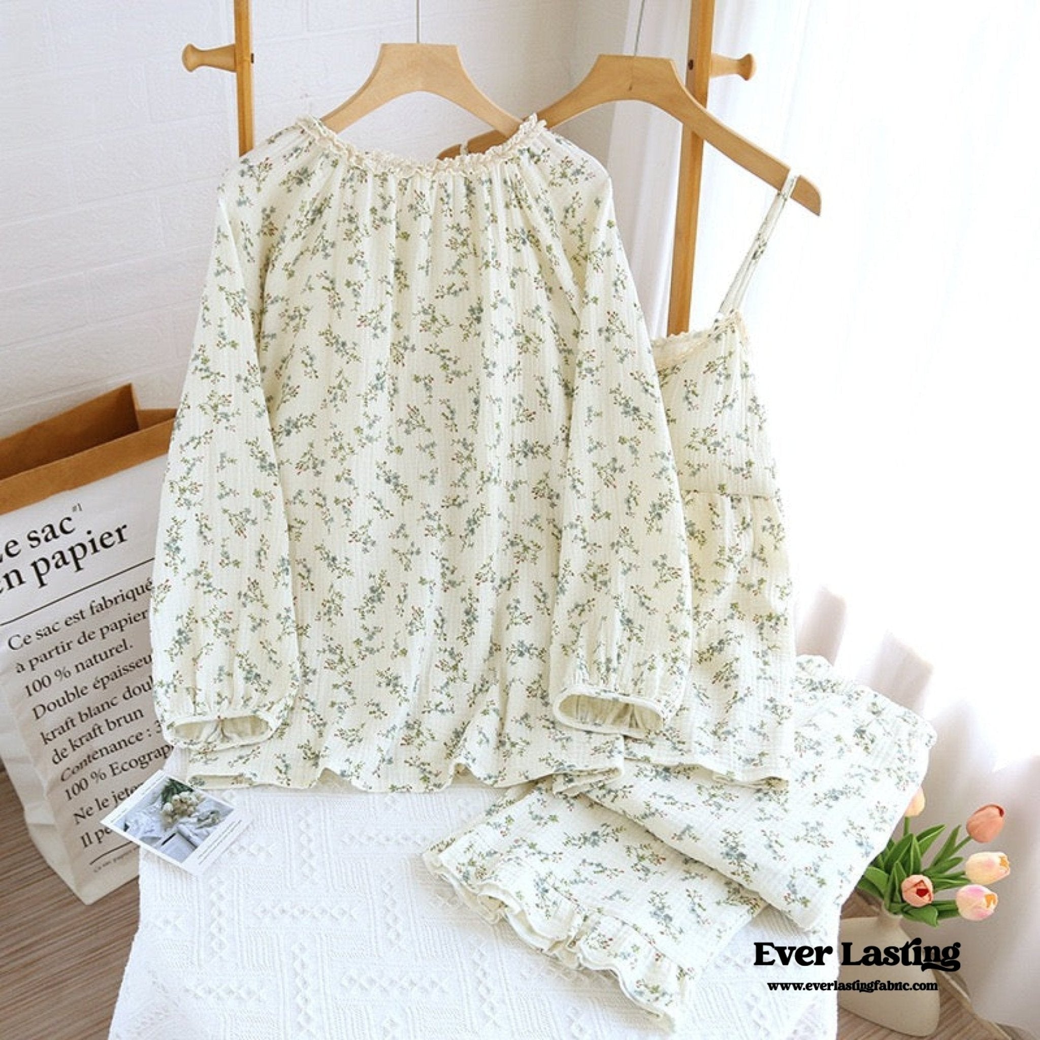 Vintage Floral Tank Cardigan and Long Pants Pajama Set / Yellow - Ever Lasting