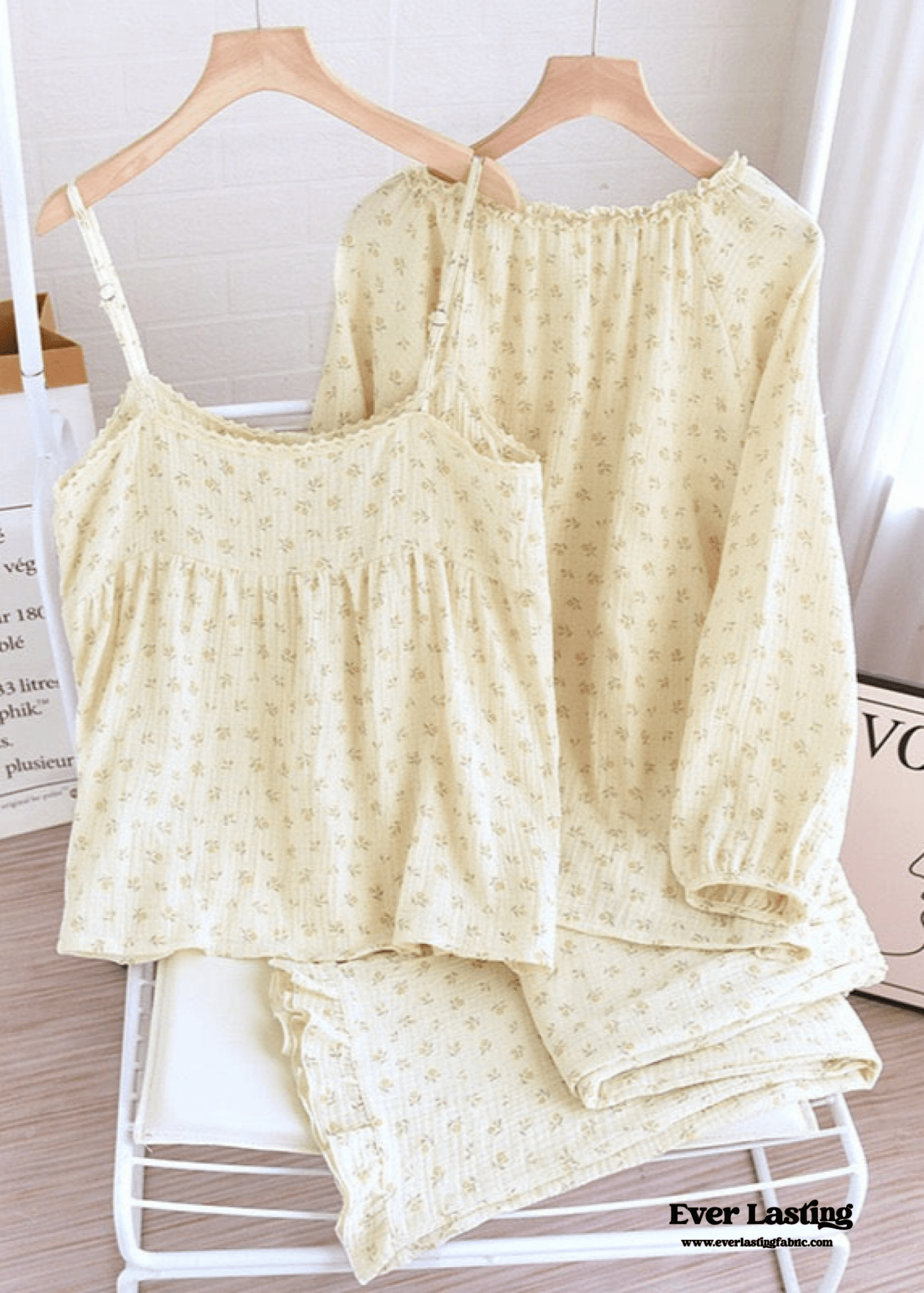 Vintage Floral Tank Cardigan and Long Pants Pajama Set / Yellow - Ever Lasting