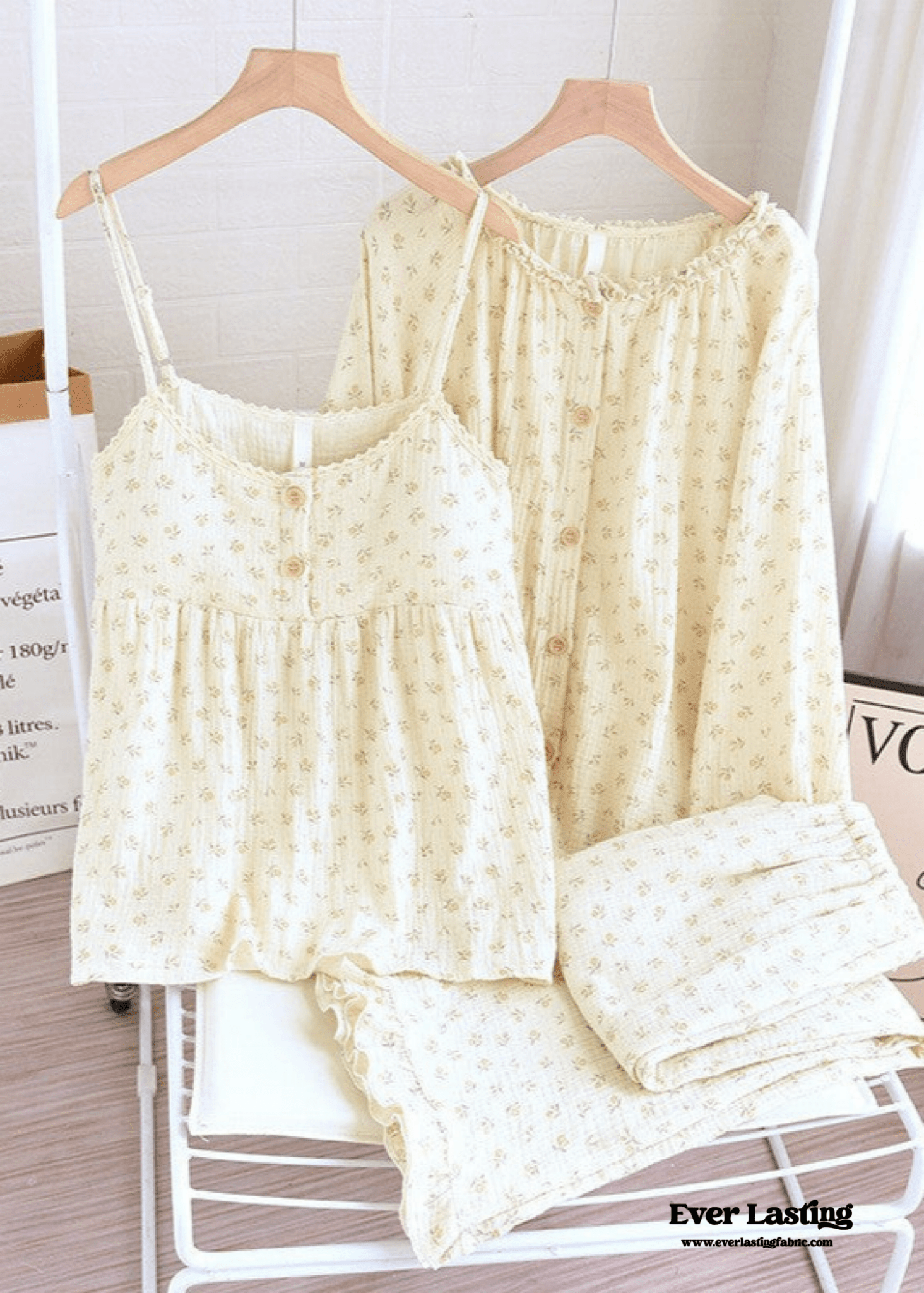 Vintage Floral Tank Cardigan and Long Pants Pajama Set / Yellow - Ever Lasting