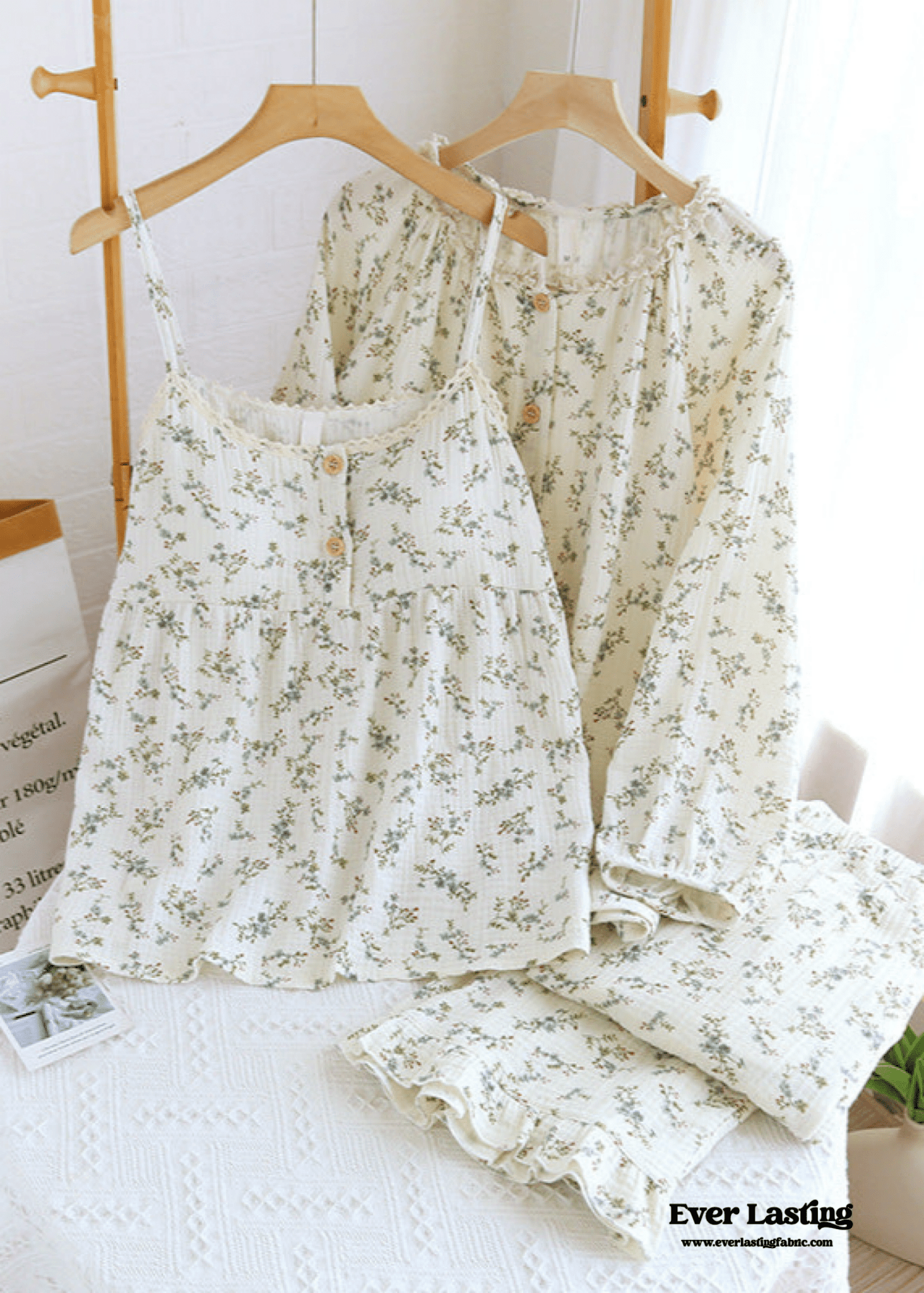 Vintage Floral Tank Cardigan and Long Pants Pajama Set / Yellow - Ever Lasting