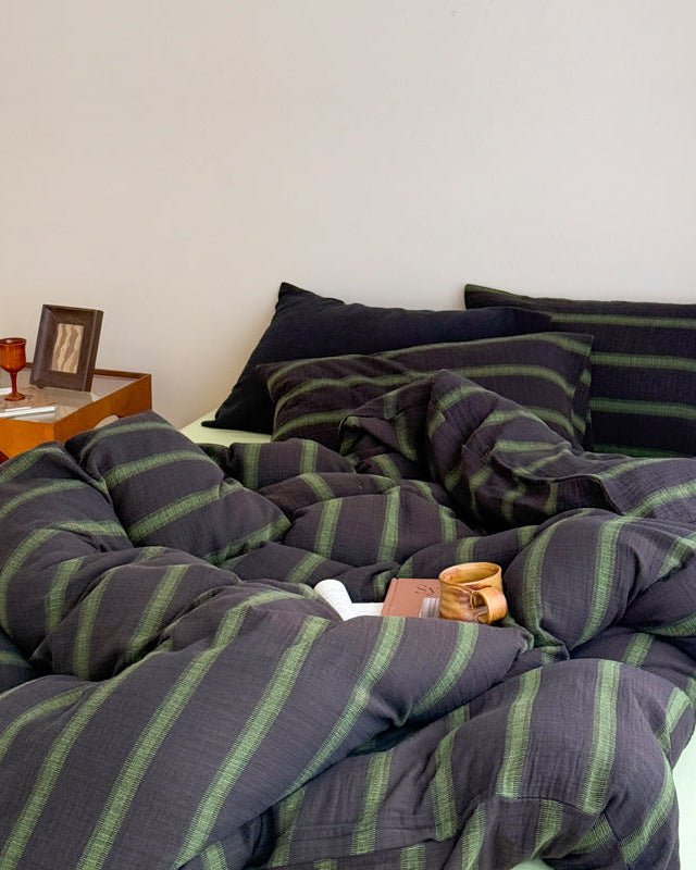 Vintage Striped Washed Cotton Bedding Set / Khaki & Purple - Ever Lasting