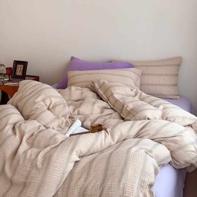 Vintage Striped Washed Cotton Bedding Set / Khaki & Purple - Ever Lasting