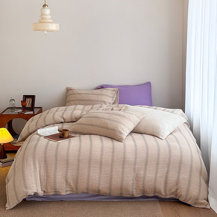 Vintage Striped Washed Cotton Bedding Set / Khaki & Purple - Ever Lasting