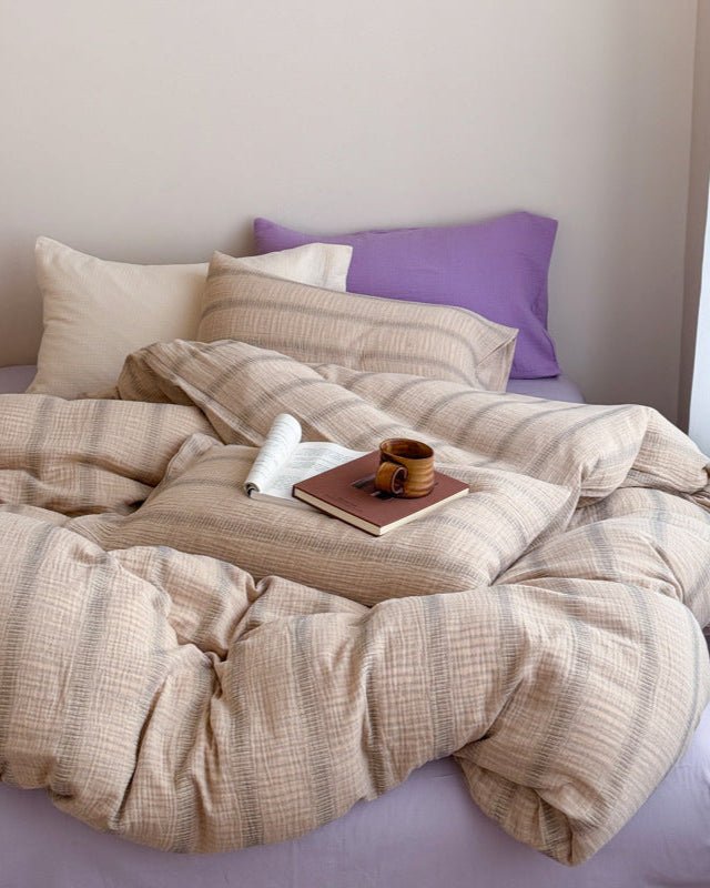 Vintage Striped Washed Cotton Bedding Set / Khaki & Purple - Ever Lasting