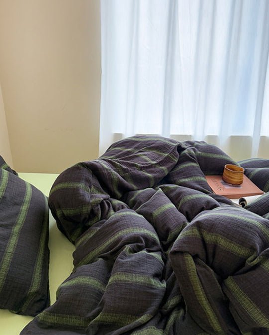 Vintage Striped Washed Cotton Bedding Set / Khaki & Purple - Ever Lasting