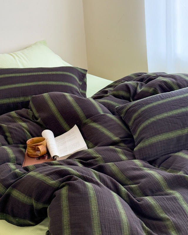 Vintage Striped Washed Cotton Bedding Set / Khaki & Purple - Ever Lasting