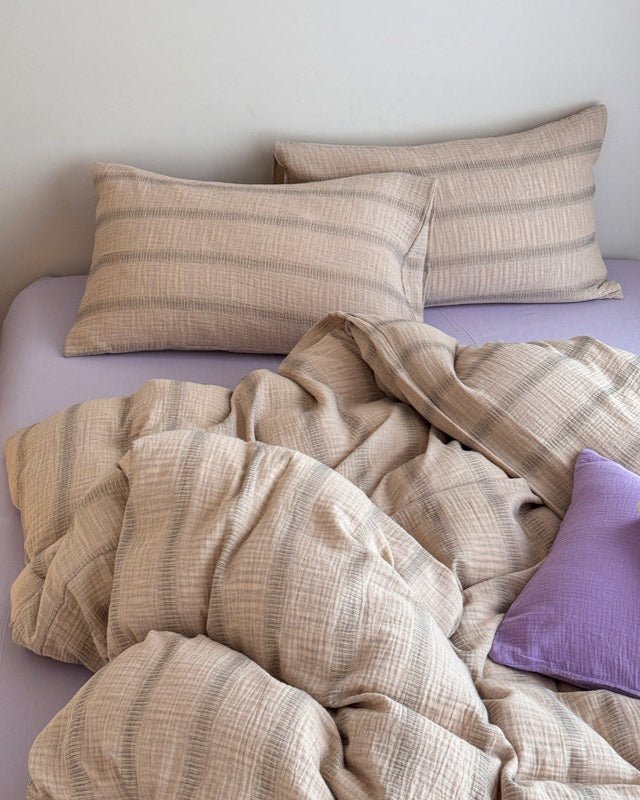 Vintage Striped Washed Cotton Bedding Set / Khaki & Purple - Ever Lasting