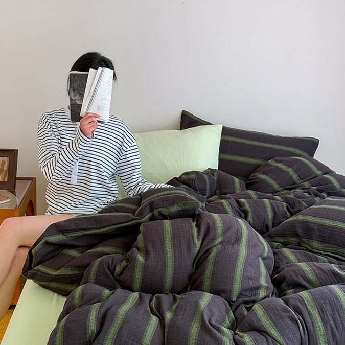 Vintage Striped Washed Cotton Bedding Set / Khaki & Purple - Ever Lasting