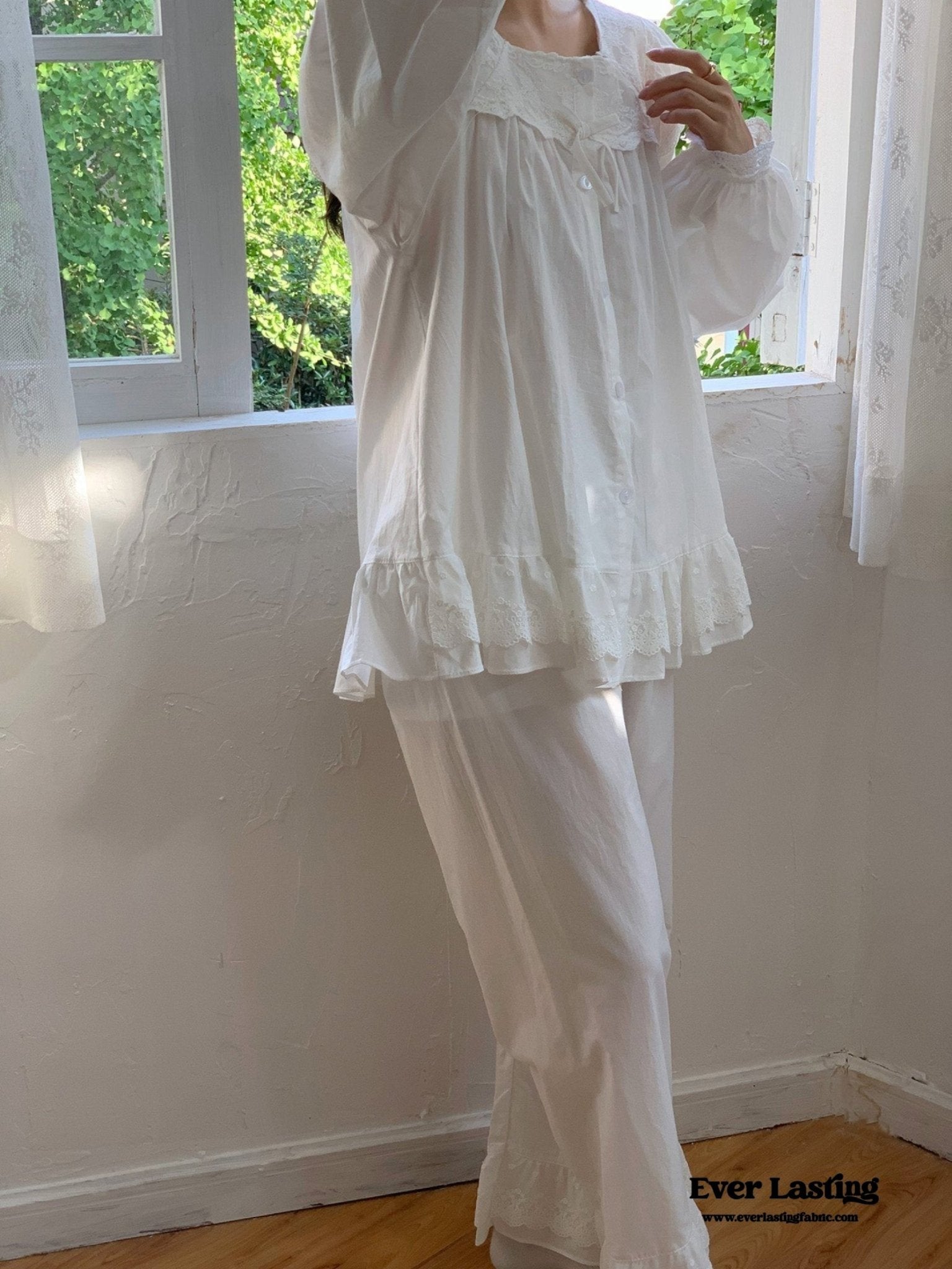 White Lace Ruffle Cottage Pajama Set - Ever Lasting