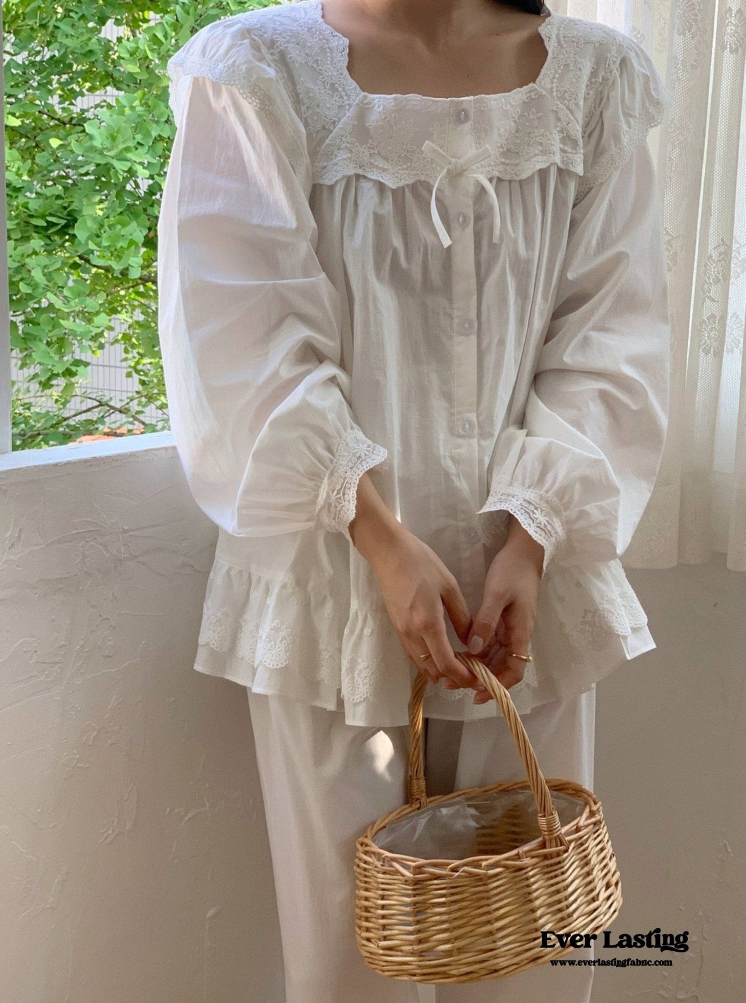 White Lace Ruffle Cottage Pajama Set - Ever Lasting