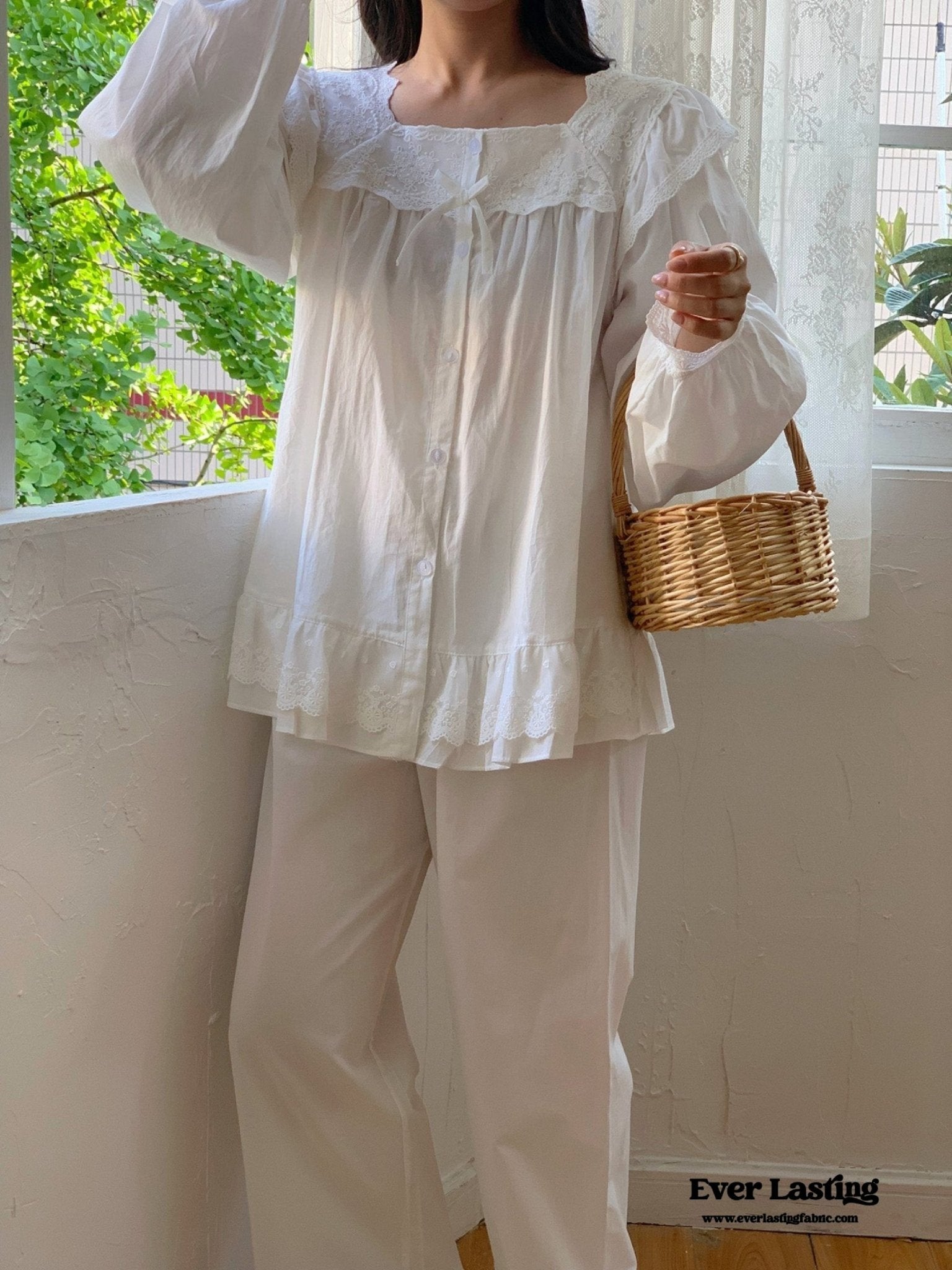 White Lace Ruffle Cottage Pajama Set - Ever Lasting