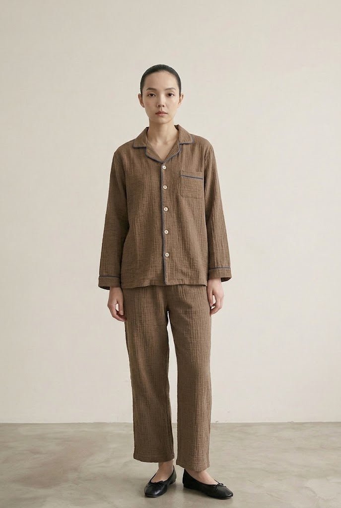 -Ever Lasting - Wisterial Double-Layer Gauze Long-Sleeved Pajama Set / Brown -Pajamas -Ever Lasting