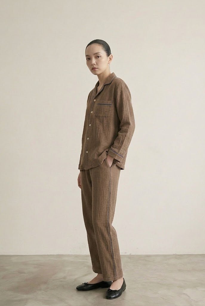 -Ever Lasting - Wisterial Double-Layer Gauze Long-Sleeved Pajama Set / Brown -Pajamas -Ever Lasting