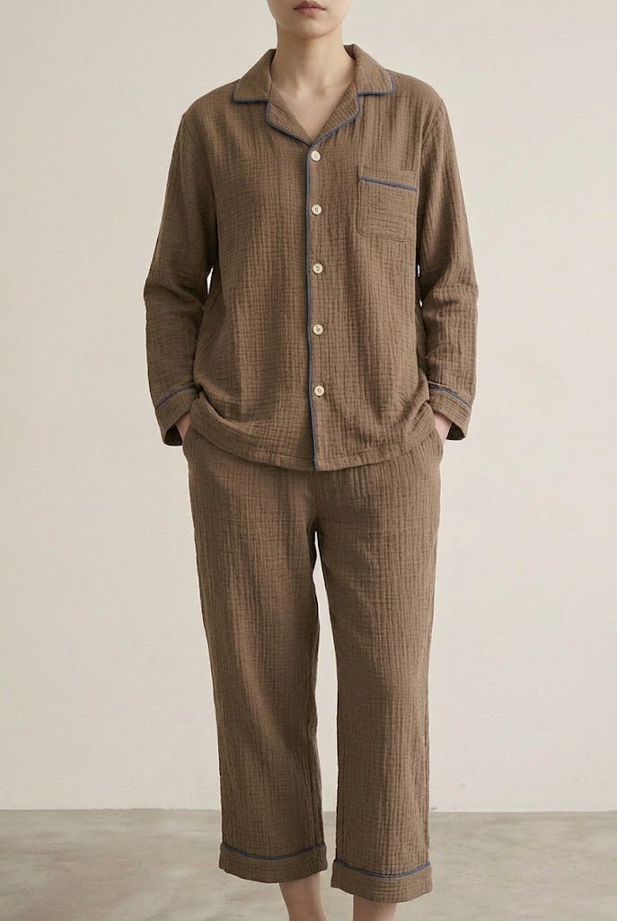 -Ever Lasting - Wisterial Double-Layer Gauze Long-Sleeved Pajama Set / Brown -Pajamas -Ever Lasting