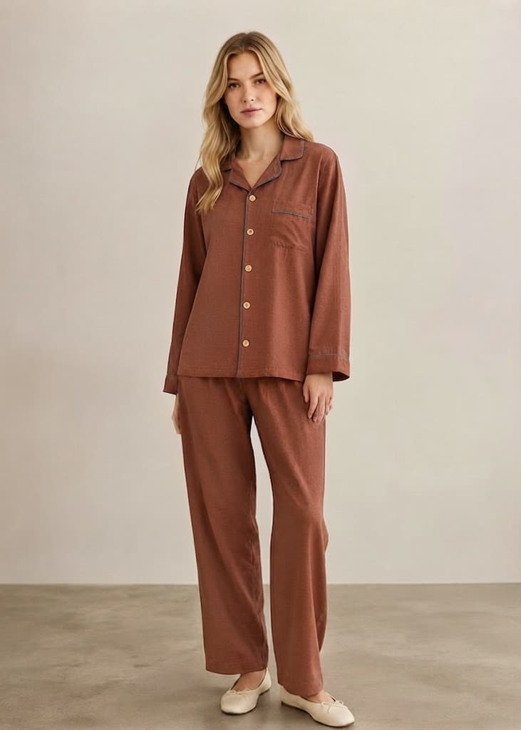 Wisterial Double-Layer Gauze Long-Sleeved Pajama Set / Red