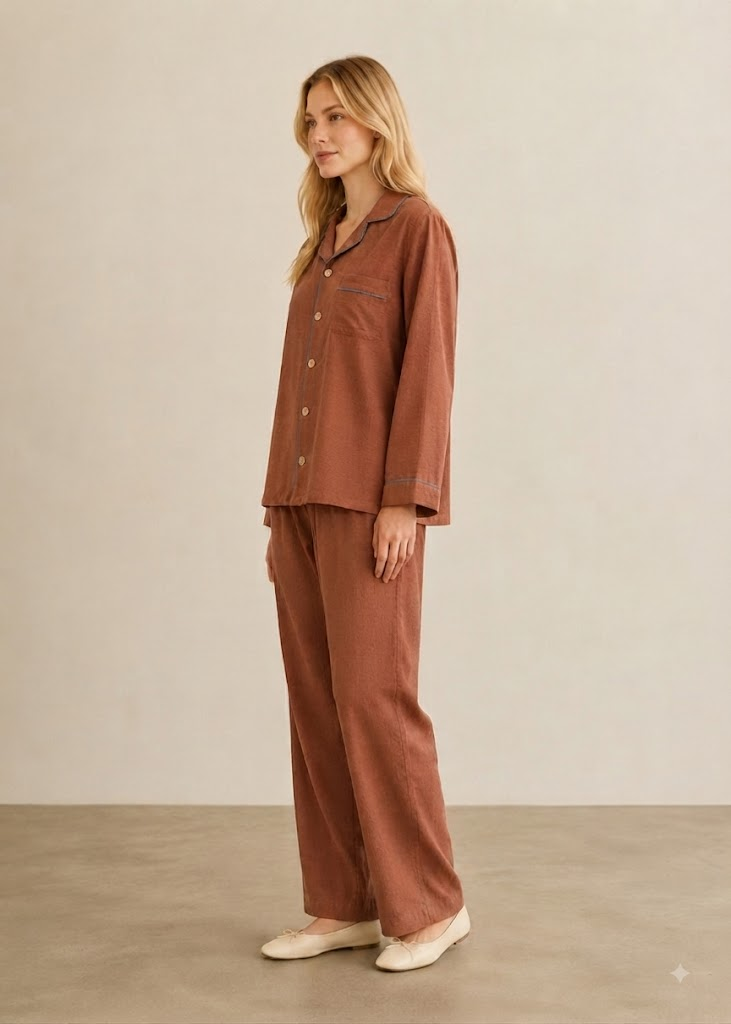 Wisterial Double-Layer Gauze Long-Sleeved Pajama Set / Red