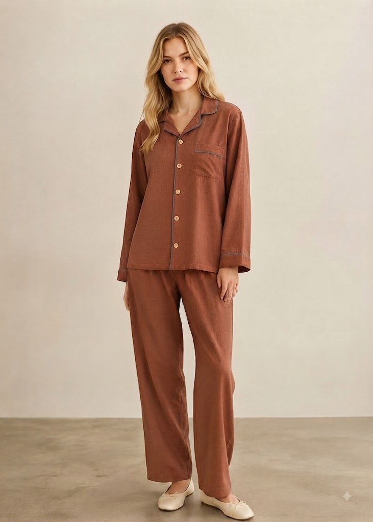 Wisterial Double-Layer Gauze Long-Sleeved Pajama Set / Red