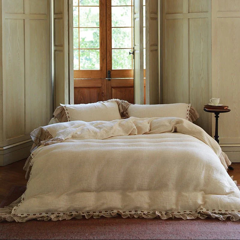 Belle Lace Ruffle Bedding Set / Beige