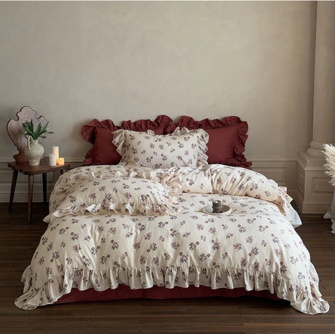 Juliette Rose Ruffled Burgundy Red Bedding Set