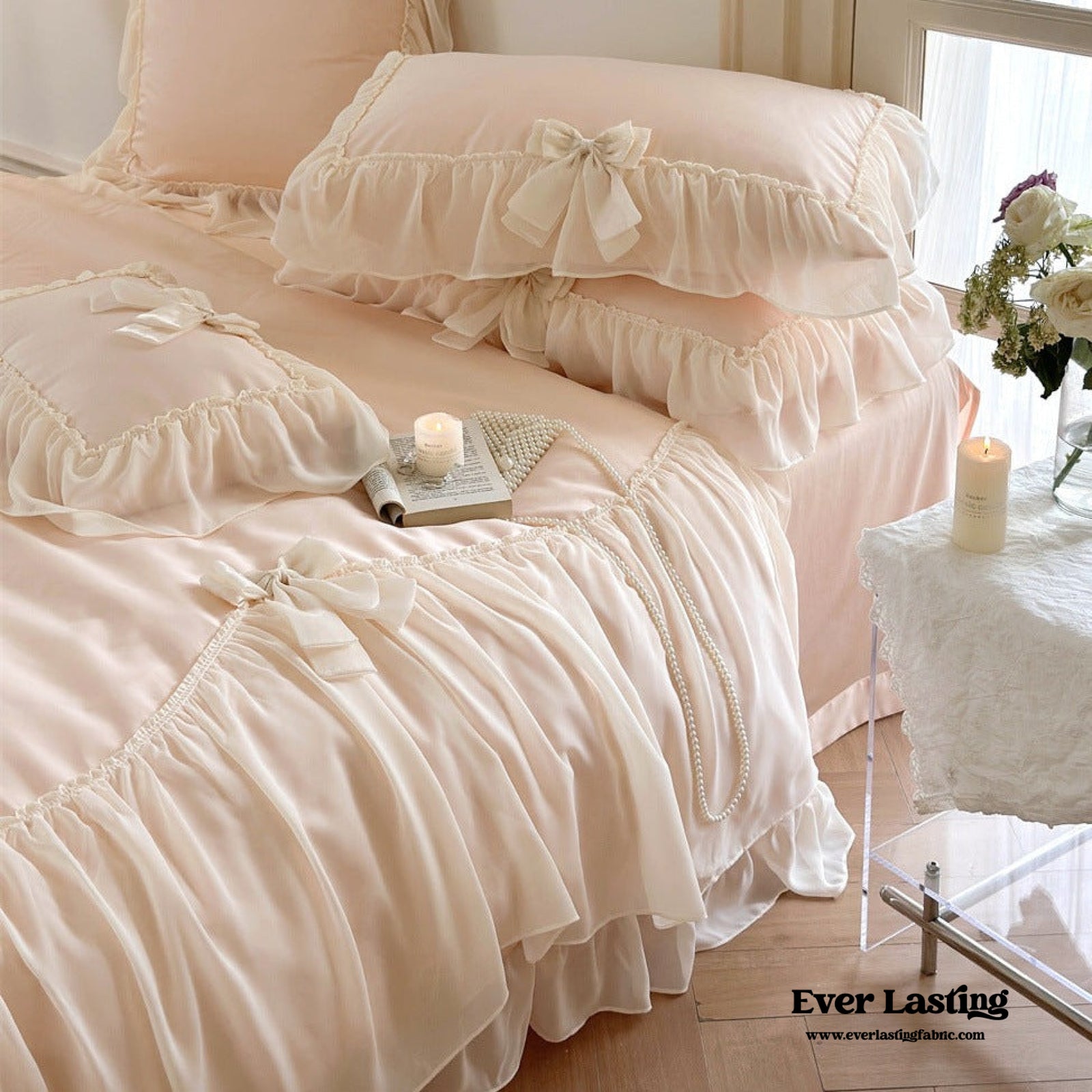 Ribbon Bow Airy Lace Bedding Set / Baby Pink