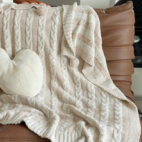 Striped Pom Pom Fluffy Blanket