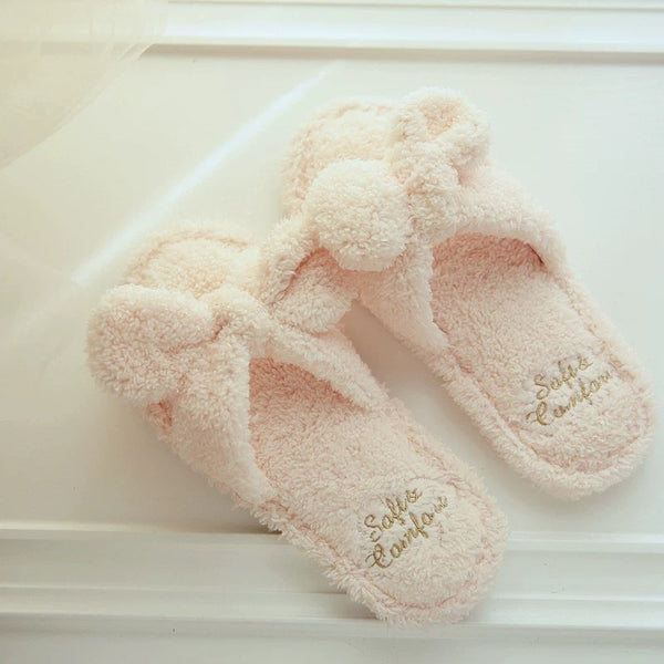 Plush Bow Open Toe Slippers / Pink