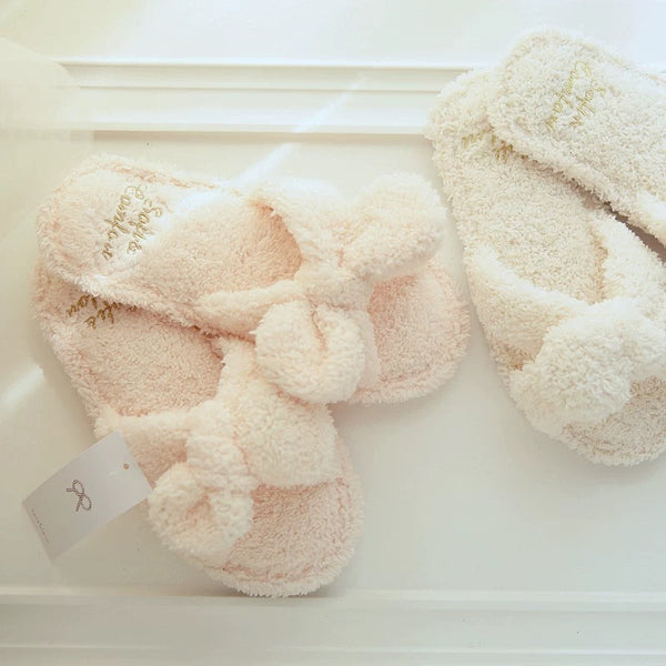 Plush Bow Open Toe Slippers / Pink