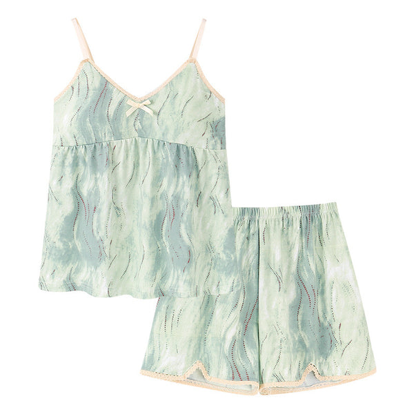 Oil Painting Print Camisole and Shorts Pajama Set / Light Green