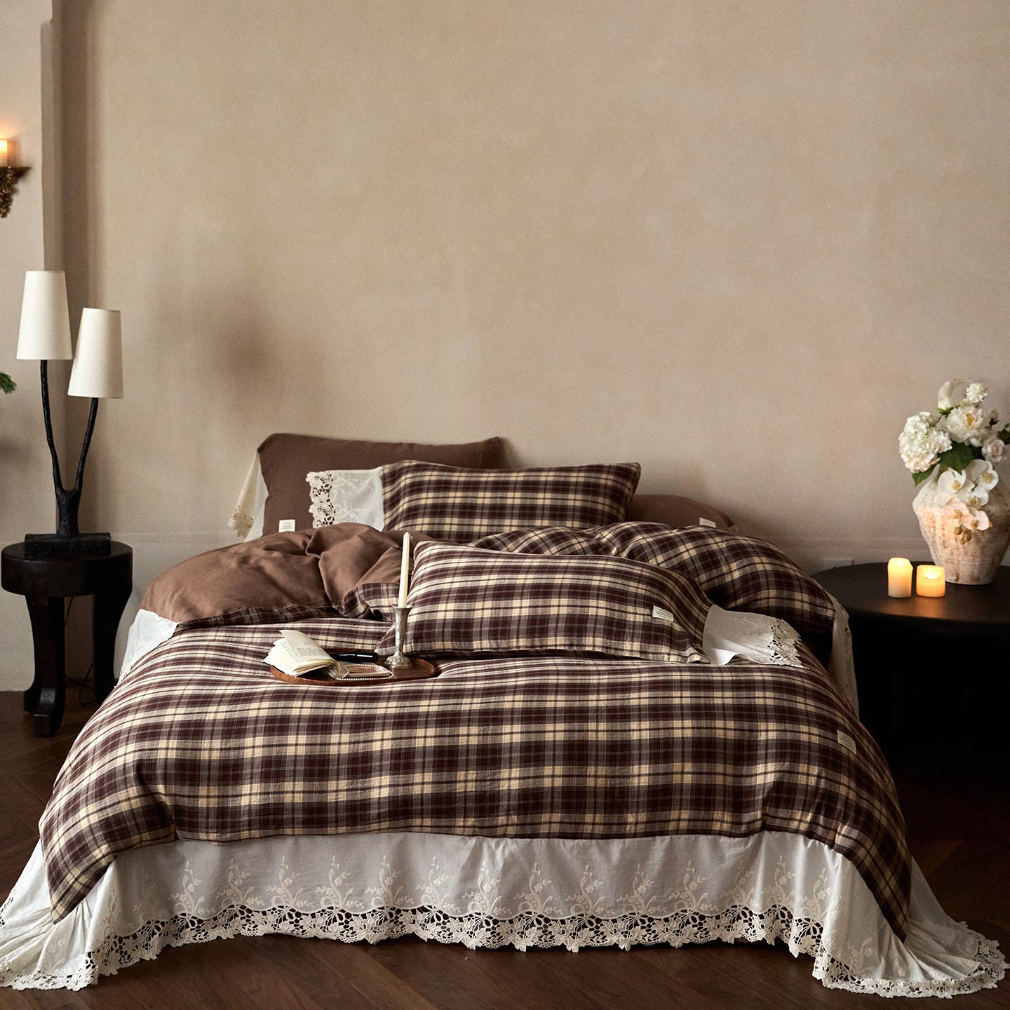 Primrose Gingham Washed Cotton Bedding Set / Brown
