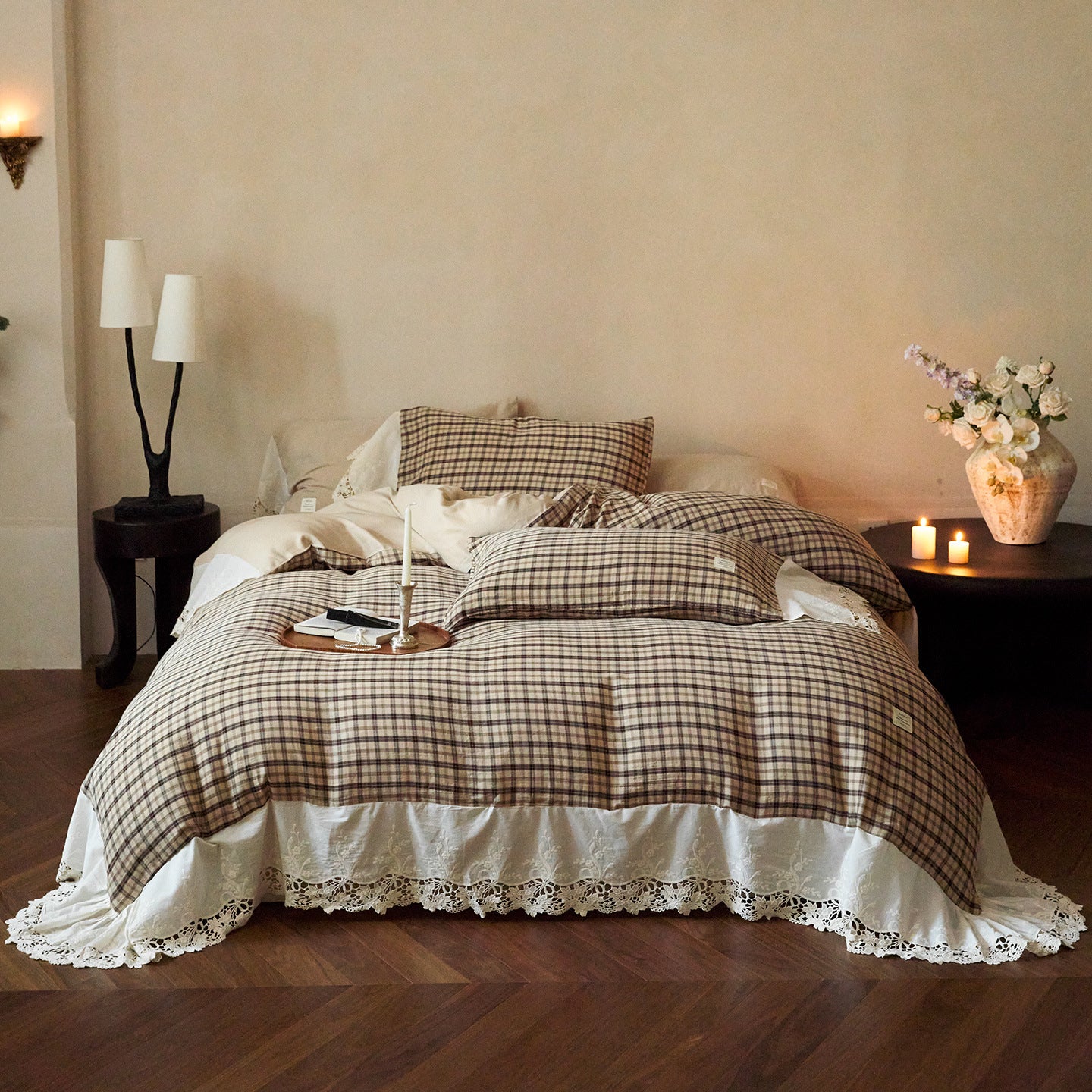 Primrose Gingham Washed Cotton Bedding Set / Beige