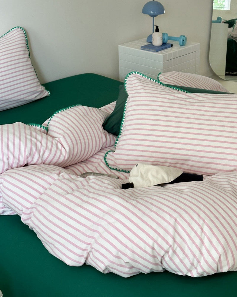 Pepper Candy Stripe Bedding Set / Green + Pink