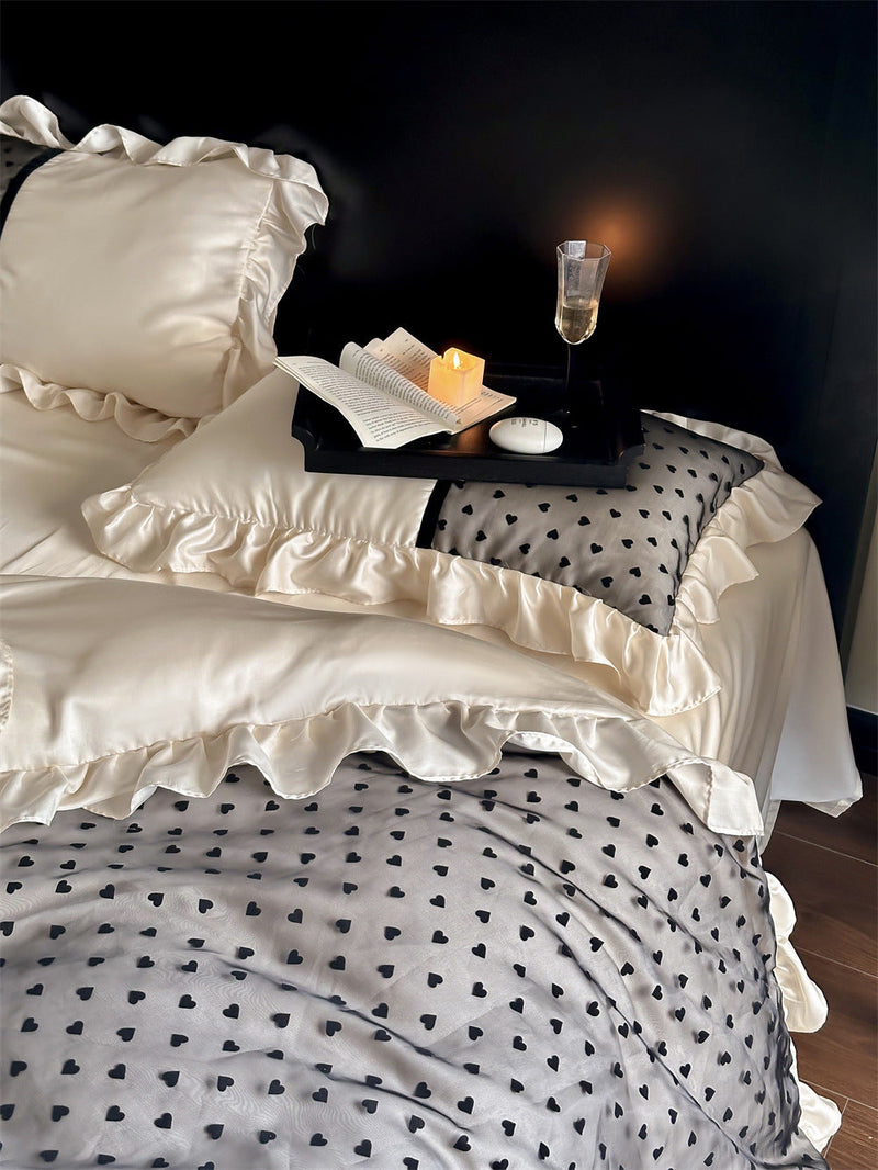 Black Lace Sweet Heart Ruffle Bedding Set / White