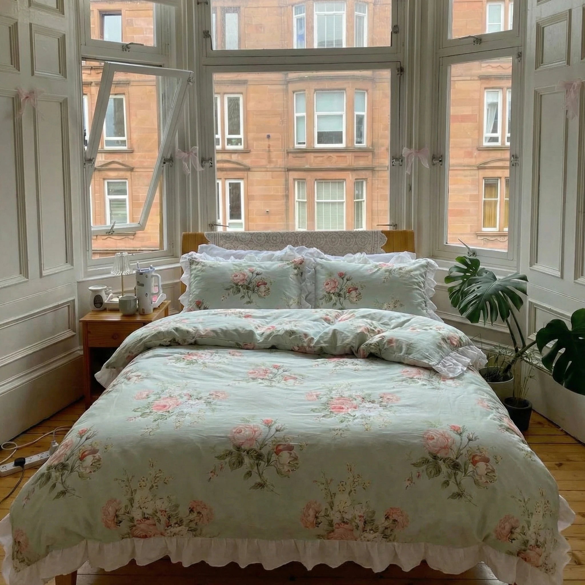 French Ruffle Floral Small Room Bedding Set / Green